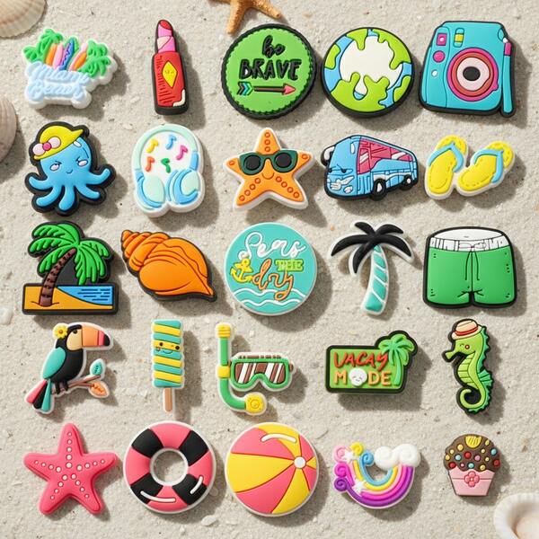 25 Peças Encantos de Sapato com Tema de Férias de Verão em PVC Compatíveis com Sandálias de Jardim para Decoração de Festa na Praia