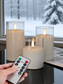3件組可充電無焰蠟燭，附遙控器定時功能、USB充電線、可調亮度，適用於家居裝飾、婚禮、桌面中心裝飾、萬聖節、情人節、聖誕節、派對 - 透明 - 查看 3