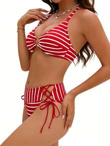 Women's 2 Piece Swimsuits Striped Print High Cut Bikini Set Summer Bathing Suits - Red - View 4