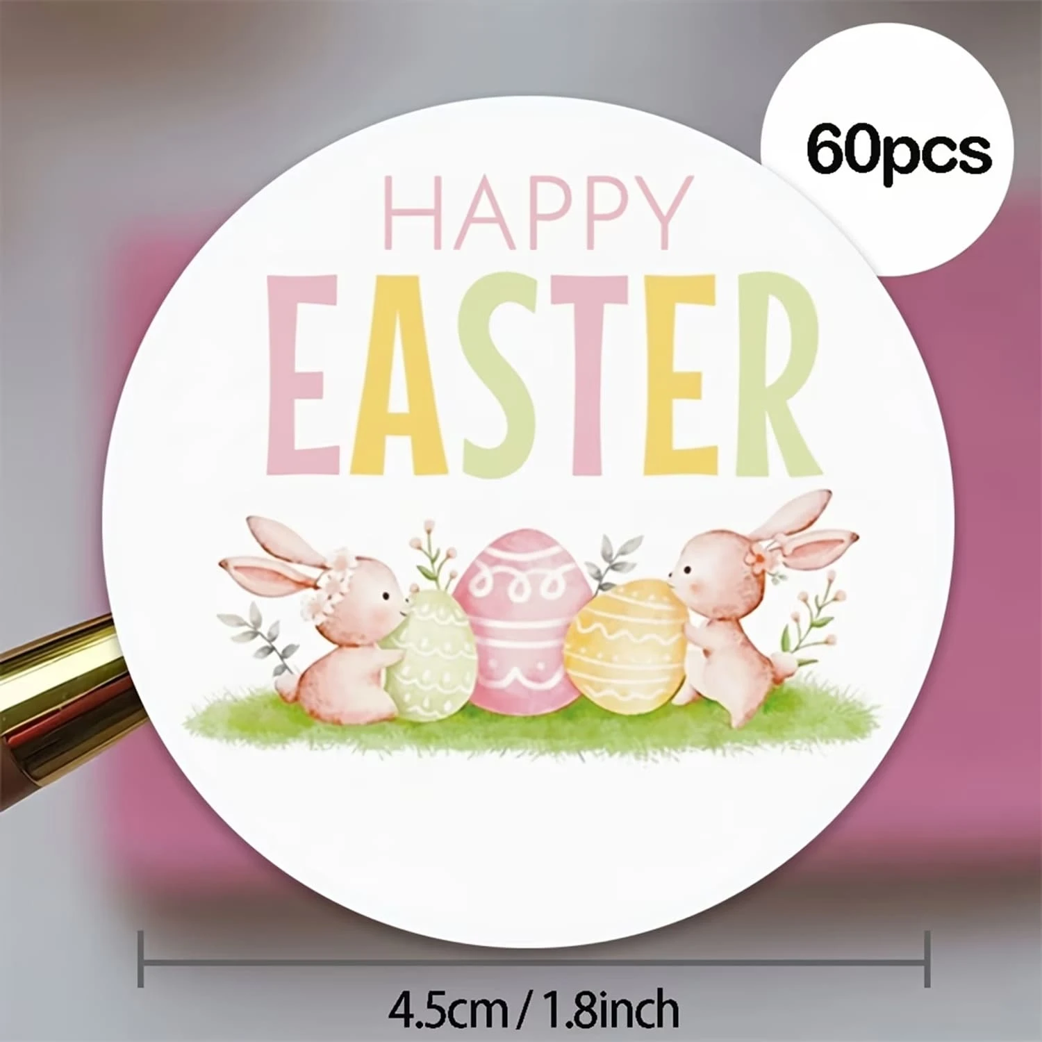 30/60pcs Happy Easter Bunny Stickers, Large 1.8 Inch Watercolor Rabbit & Eggs Round Labels, Pastel Spring Holiday Sealing Stickers For Gift Bags, Envelopes & Party Favors - Multicolor - View 1