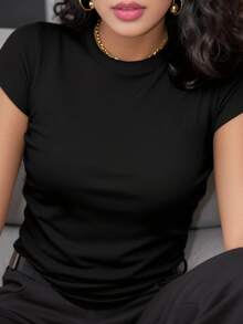 Women's Basic Solid Color Short Sleeve Crew Neck Pure Cotton T-Shirt, Slim Fit Casual Daily Top, Sizes S-XXXL, Soft Breathable Comfortable Tee, Lightweight Summer Fashion Essential, Easy To Match, Classic Style, High-Quality Cotton Fabric, Suitable For All Seasons,  Basic Top For Women - 黑色 - 查看 11