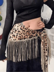 Women's 1pc Y2K Streetwear Leopard Print Sequin Fringe Hip Scarf Triangle Tassel Belly Dance Waist Skirt Multi-Use Versatile Outfit Accessory For Hip Hop Dance Rave EDM Festival Party Night Out Performance - Multicolor - View 1