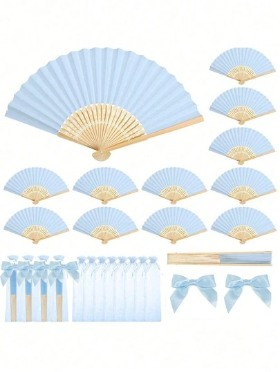 3-60pcs Elegant Folding Fan Set, Includes Bow Tie And Gift Bag, Bride's Bamboo Hand Fan, Ideal For Bridesmaid Gifts And Wedding Decor, Perfect For Parties And Events, Wonderful Summer Accessory