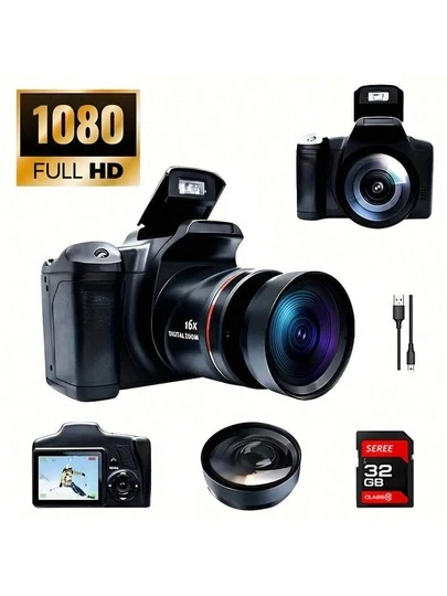 Kit de cámara digital para fotografía con pantalla de 2.4 pulgadas, 1080P HD, 16x zoom, ángulo amplio de 9.88mm, cámara de viaje portátil para vlogging, incluye tarjeta de 32GB y herramienta de limpieza, adecuado para principiantes