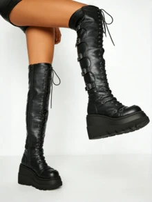 Goth Over Knee Boots For Women Black Platform Chunky Heel Boots Thigh High Goth Y2K Boots Rave Motorcycle Boots With Buckles Side Zip Lace Boots For Christmas Halloween - 黑色 - 查看 6