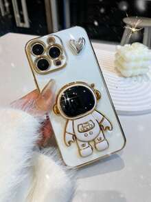 New Electroplated Astronaut DIY Heart-Shaped Phone Case, New Electroplating Technology Anti-Drop Phone Case + Electroplated Hidden Stand + Full Phone Case Set, Suitable Compatible With Iphone 11/12/13/14/16 Pro Max, S22/23/24+ UA04/A05/A14/A15/A24/A25/A34/A54S, OPPO, VIVO, Redmi 13C/Note 14 Pro Plus - White - View 5