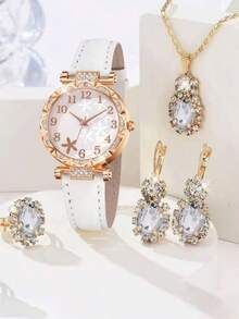 5件套时尚圆形奢华女士腕表套装，百搭优雅商务风格 - 玫瑰金 - 查看 8