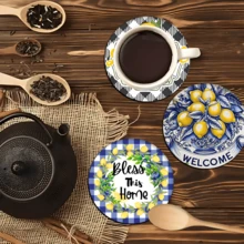 6 Stück Zitronen Muster Untersetzer Set, Heimdekoration, Teetassen Matten, Wasserglas Untersetzer, Weinglas Untersetzer, Kaffeetassen Matten, runde absorbierende Silikongeluntersetzer Set, Kaffee Bar & Küchen Accessoires, geeignet für Heimdekoration, Partys und Geschirr Geschenke, ganzjährige Haushaltsdekorationen - Verschiedenfarbig - Übersicht 6