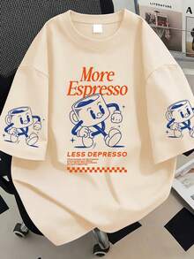 大码女式浓缩咖啡俱乐部图案圆领T恤，适合日常穿着、外出、节日、海滩、派对、上学、参加音乐节、度假、通勤等场合。 - 杏色 - 查看 1