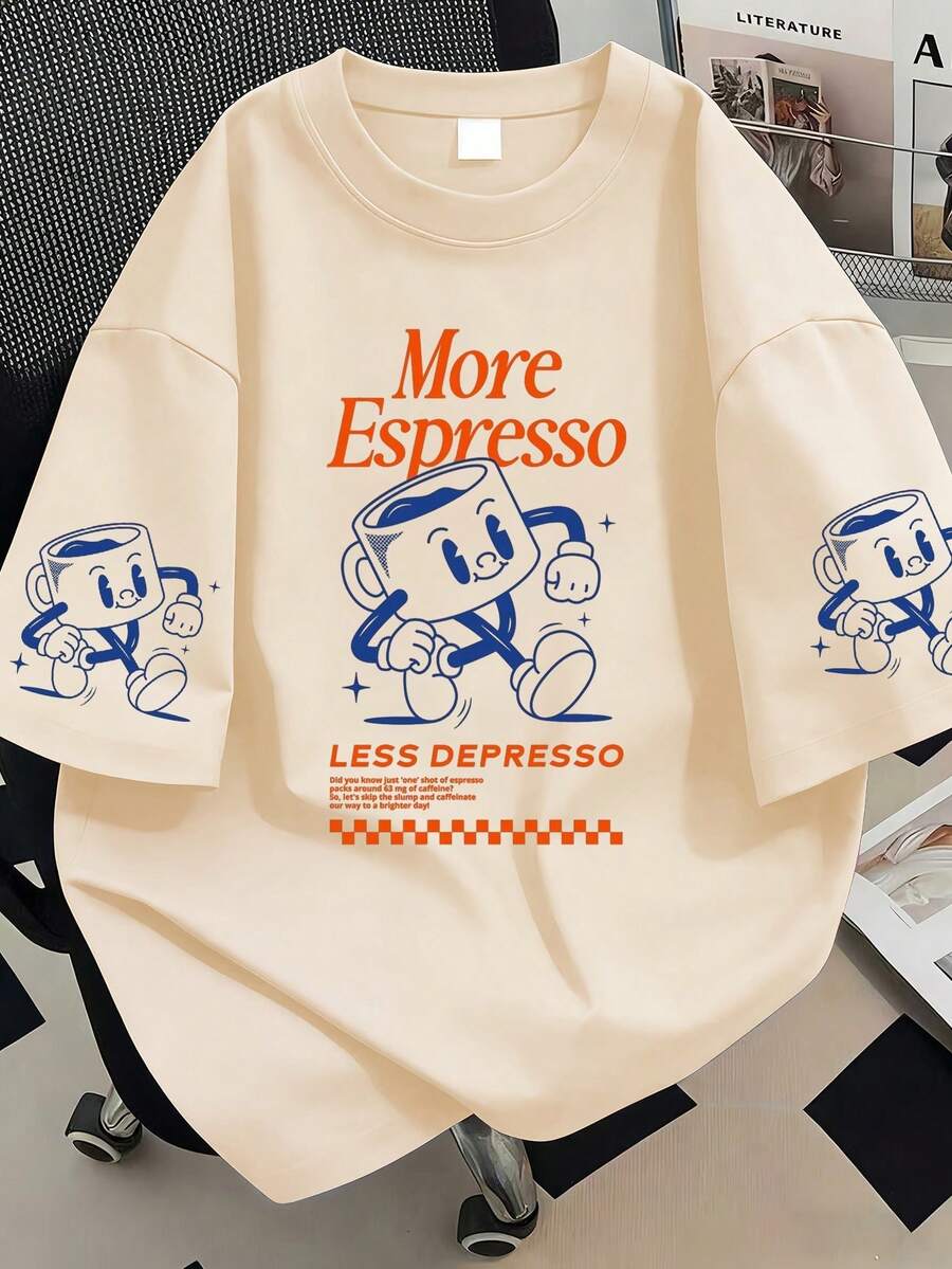 大码女式浓缩咖啡俱乐部图案圆领T恤，适合日常穿着、外出、节日、海滩、派对、上学、参加音乐节、度假、通勤等场合。 - 杏色 - 查看 1