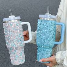 A Pearl Diamond 40oz Stainless Steel Car Cup With Handle And Portable Straw, A High-Quality Insulated Water Bottle. - 白色 - 查看 2