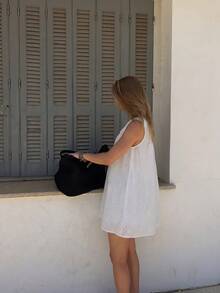 Solid Color Casual Bohemian Style Linen Dress With Embroidery, Summer - White - View 5