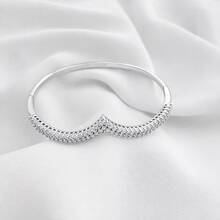 Women's Bracelet In 925 Sterling Silver In A V Shape, Set With Cubic Zirconia And Plated In 18K Gold. - Silver - View 2