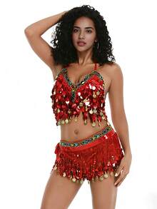 Belly Dance Costume Set Halter Neck Sequin Tassel Bra & Hip Scarf Performance Outfit - Multicolor - View 6