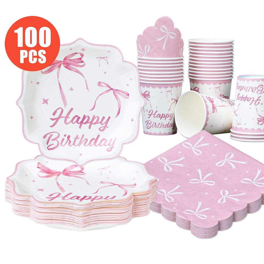 100/25/10er Set rosa Schleifen-Blütenblatt-förmige Einwegteller, Servietten, Becher, Einweg-Partyartikel-Set, geeignet für 25 Gäste, Einweg-Papierteller Party-Tischwaren geeignet für Geburtstag, Hochzeit, Themenparty, Familienpicknick - Verschiedenfarbig - Übersicht 1