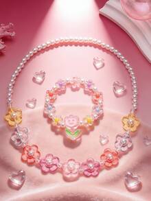 طقم مجوهرات من سوار وقلادة بخرز متعدد الألوان على شكل زهور - تعيين - مشاهدة 1