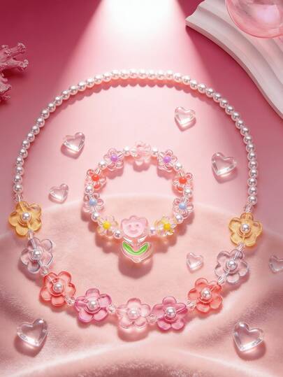 1条手链+1条项链 多色花朵串珠首饰套装