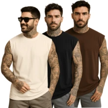 Set Of 3 Men's Oversized Tank Tops For Training, Gym, Streetwear, Plain Premium - Đen/Trắng ngà/Nâu - Xem 7