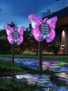 户外太阳能蝴蝶灯 - 变色 3D 发光 - 二合一 壁灯/地灯 - 防水花园装饰灯，适用于庭院、草坪、院子、围栏、后院装饰（红色） - 彩色 - 查看 7