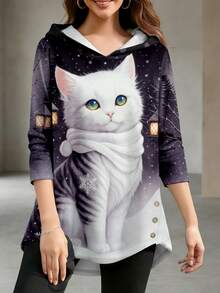 Plus Size Women Hooded Cat Print Cute Casual Long Sweatshirt - Black - View 2