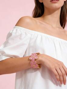 VceTd 1 Stück romantisches, farbiges Emaille-Blumen-förmiges Edelstahl-Armband, geeignet für Frauen zum Tragen bei Hochzeiten oder Reisen, auch als Valentinstags-Geschenk für Geliebte - Goldgelb - Übersicht 8