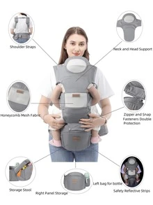 3-In-1 Baby Carrier Waist Stool, Lightweight 4-Season Ergonomic Backpack Carrier, Multifunctional Infant Carrier - Light Grey - View 5