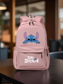 1 pieza Mochila de gran capacidad con estampado de Stitch de dibujos animados, mochila escolar de estudiante de nailon de moda con correa de hombro ajustable, diseño con múltiples compartimentos con cremallera, plegable y ligera, patrón de dibujos animados clásico, mochila para ir y venir, bolsa de viaje, mochila escolar - Multicolor - Ver 1