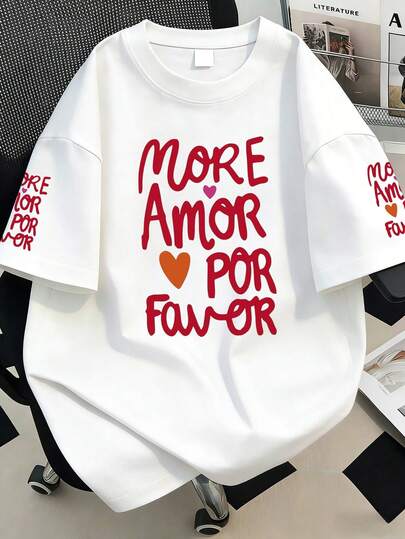 Plus Size Women's Slogan Graphic Round Neck Casual T-Shirt, Suitable As Valentine's Day, New Year, Mother's Day Gift, Casual Summer Top, Fashionable Sleeve Print Short Sleeve. Suitable For Summer Vacation, Beach, Holiday, Carnival, Spring Outfit, Women's Summer Wear White