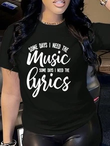 Music Letter Print T-Shirt, Short Sleeve Crew Neck Casual Top For Summer & Spring, Women's Clothing Tee For Adult, Men, Women, Teen, Teenager, Adolescent, Youth - màu đen - Xem 9