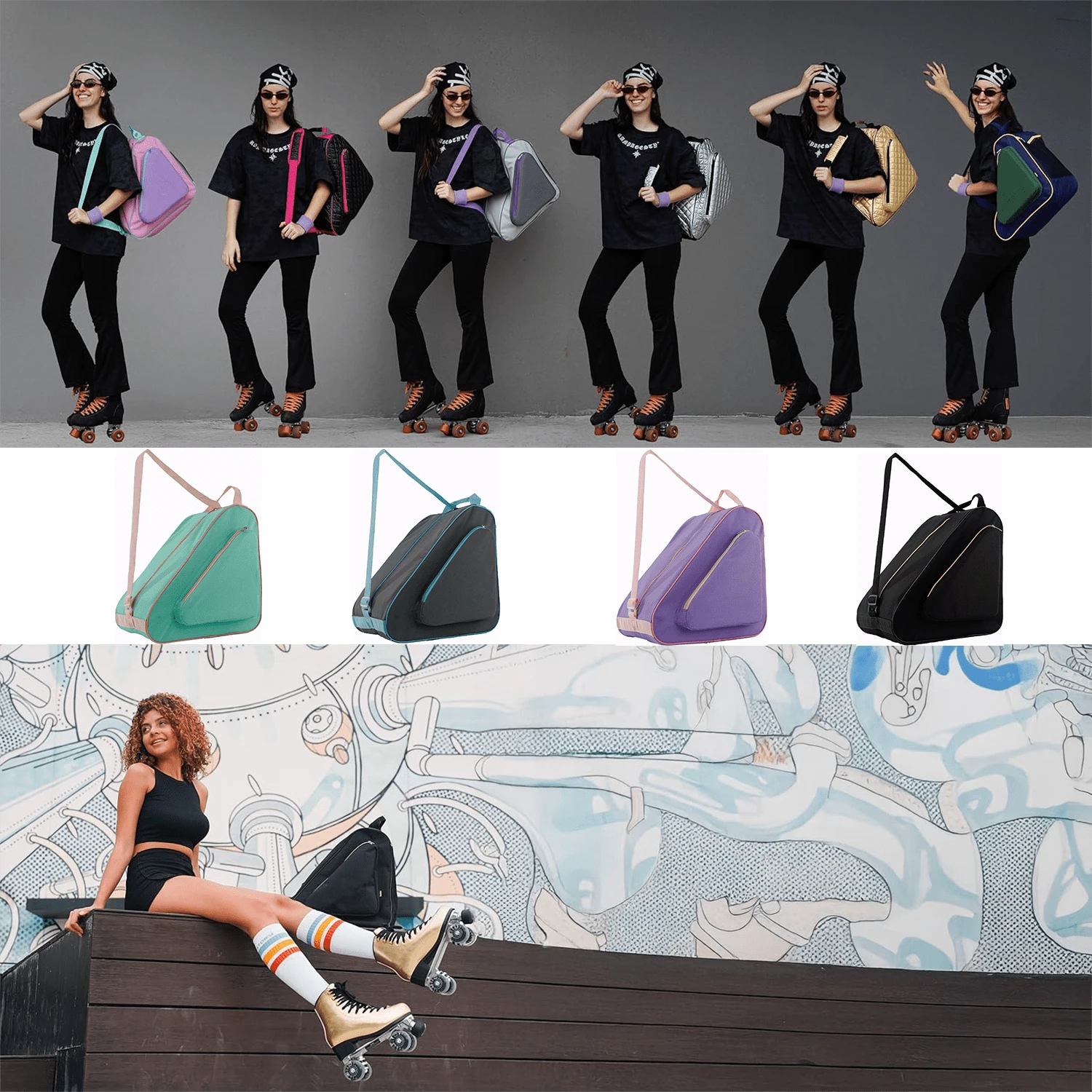 1pc Adjustable High-Quality Oxford Cloth Roller Skating Bag, With Top Handle And Zipper Compartment, Roller Skating Accessories, Universal Sports Equipment Suitable For Roller Skates, Ice Skates, Quad Skates, Inline Skates, Figure Skating Shoes, Hockey Skates. - Multicolor - View 1