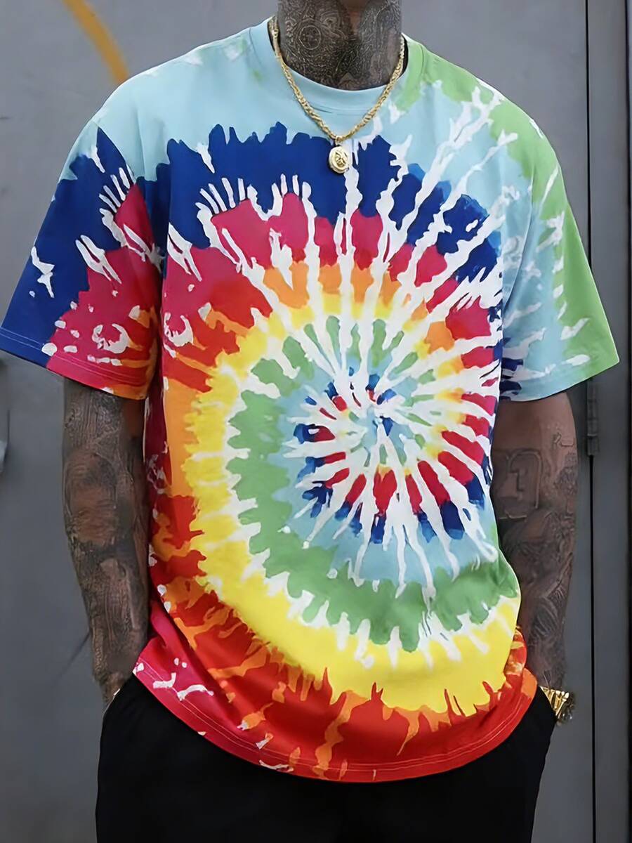 Men's Tie-Dye Round Neck Short Sleeve Casual Versatile T-Shirt - Red - View 1