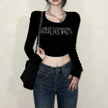 Áo thun dài tay nữ gợi cảm đính đá, dáng ôm, thời trang tối giản, áo crop top đen mùa xuân. - màu đen - Xem 13