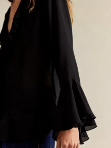 Women's Y2k Ruffled Sheer Chiffon Blouse Flared Long Sleeve V Neck Open Front See Trough Mesh Shirt Top Loose Fit Flowy Coquette Top Streetwear - màu đen - Xem 5