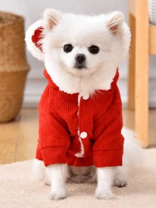 1pc Pet Chinese New Year Outfit, Thick Warm Dog Jacket With Cute Bear Ear Hood, Chinese Lion Dance Print, Suitable For Small Dogs Outdoor In Winter - Red - View 4