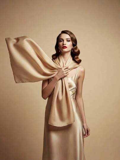 女士100%桑蚕丝长款缎面围巾，时尚轻盈披肩