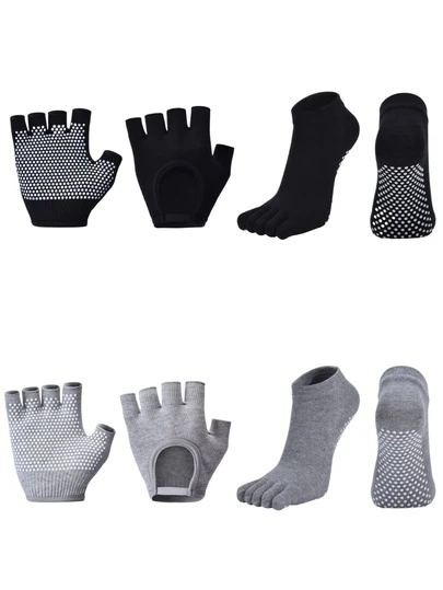 1 Pair Silicone Anti-Slip Five Finger Sports Gloves For Men & Women, Fitness Training Gloves + 1 Pair Women Non-Slip Full Toe Yoga Socks For Pilates, Ballet, Sports