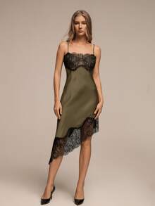 HZXVIC Women's Elegant Casual Asymmetric/Asymmetrical Lace Patchwork Zipper Beach Mini Dress - Green - View 5