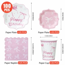 100/25/10er Set rosa Schleifen-Blütenblatt-förmige Einwegteller, Servietten, Becher, Einweg-Partyartikel-Set, geeignet für 25 Gäste, Einweg-Papierteller Party-Tischwaren geeignet für Geburtstag, Hochzeit, Themenparty, Familienpicknick - Verschiedenfarbig - Übersicht 7