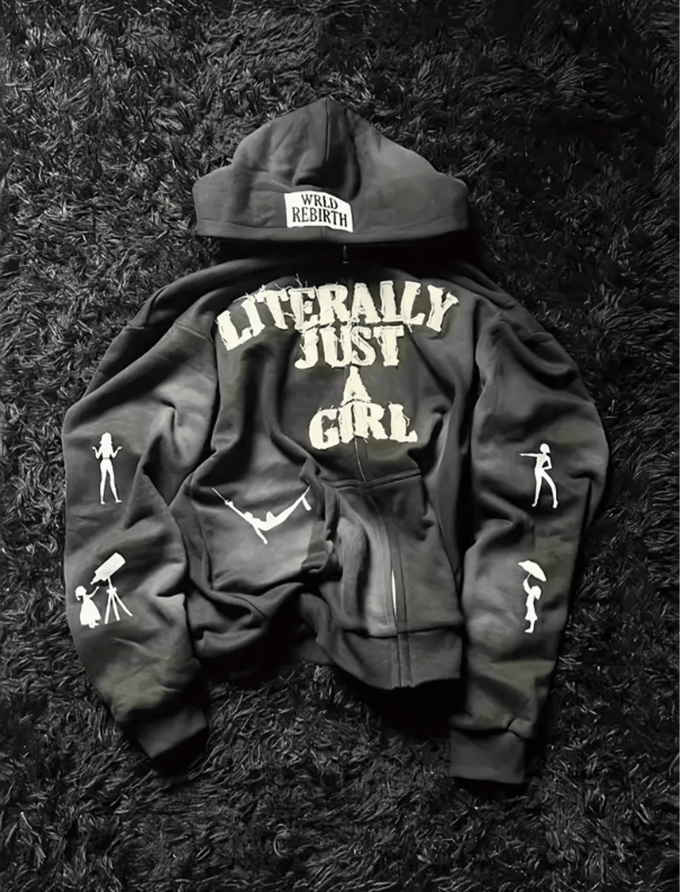 Y2K Zip-Up Hoodie, Harajuku Gothic Pattern Hoodie, StreetStyle Jacket, Loose Sweatshirt For Fall, Winter Clothing  Casual    Polyester    Pocket    Daily - 黑色 - 查看 1