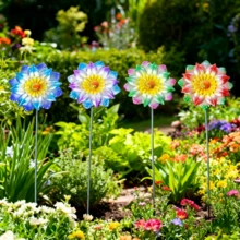 4pcs Colorful Metal Flower Garden Stakes - Decorative Art Style, Ground Mounted Outdoor Decor, Suitable For Garden, Planters, Yard Or Patio, Perfect Mother's Day Gift, Vibrant Garden Decor | Durable Metal Art Pieces, Garden Decor Gift - 4-piece Flower Arrangement Set - View 4