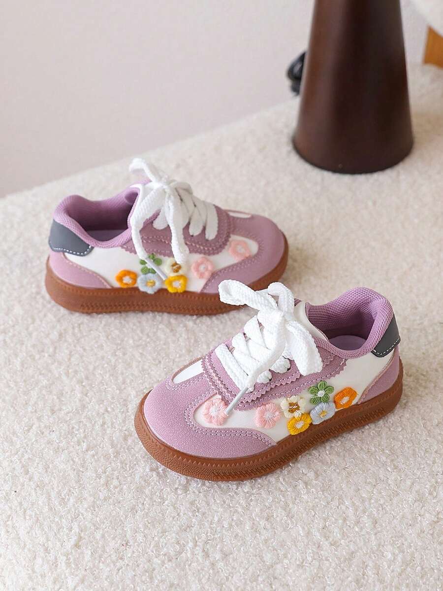 1 Pair Girls' Floral Embroidered Sneakers, New Spring/Autumn Children Soft Bottom Casual Breathable Shoes - Purple - View 1