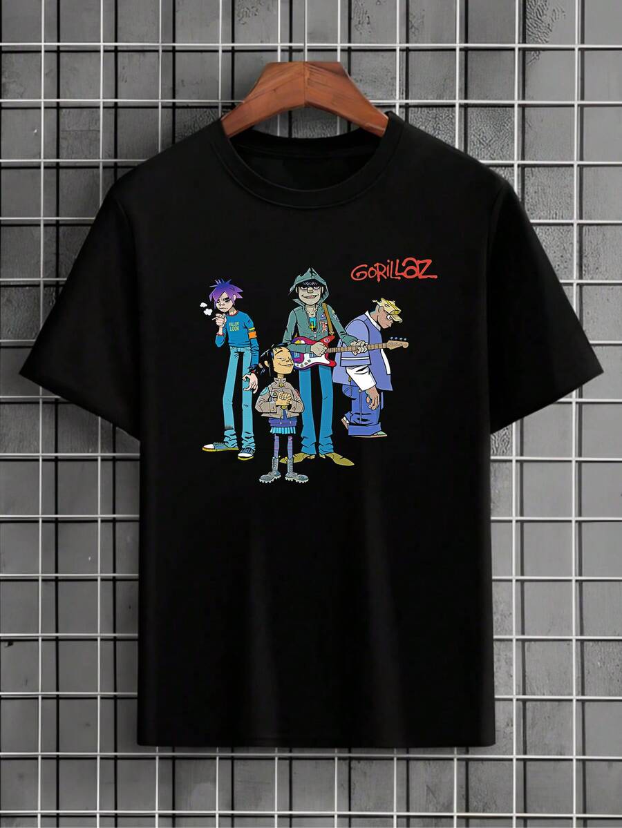 British Virtual Rock Band T-Shirt, International Music, Unisex Shirt/Blouse, Men's/Women's, 100% Cotton, New Release, Immediate Shipping, Black, White, Plus Size - 黑色 - 查看 1