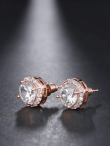 Iced Out Round Stud Earrings For Men, Rose Gold Plated Paved CZ Bling Hip Hop Streetwear Jewelry - Rose Gold - View 7