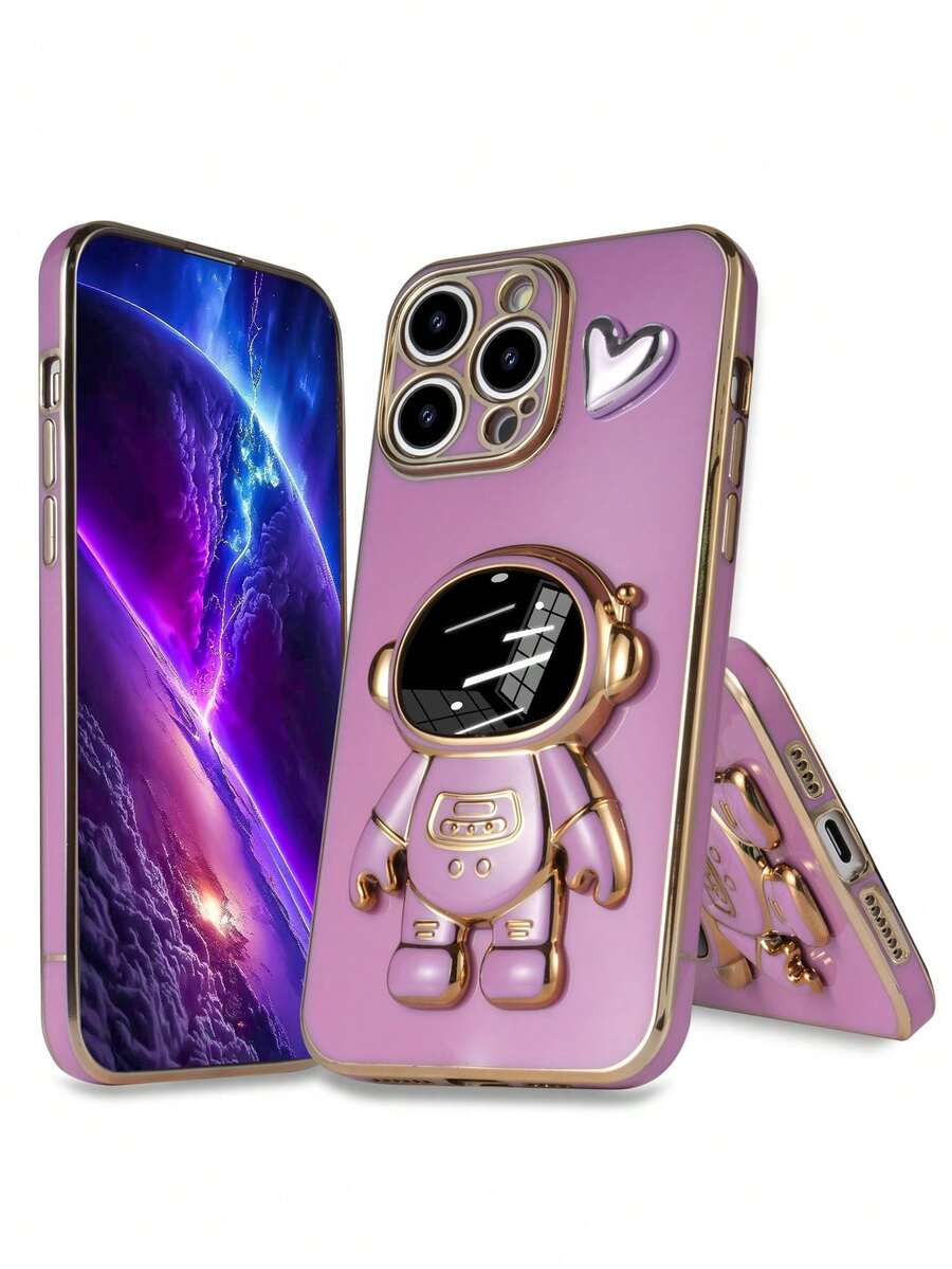 New Electroplated Astronaut DIY Love Phone Case, New Electroplating Technology Anti-Drop Phone Case + Electroplated Hidden Stand + Full Phone Case Set, Suitable For IPhone 11/12/13/14/16 Pro Max, S22/23/24+ UA04/A05/A14/A15/A24/A25/A34/A54S, OPPO, VIVO, Redmi 13C/Note 14 Pro Plus+ - Purple - View 1
