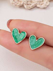 1对/套 新款时尚简约清新心形耳钉，甜美可爱，适合女性日常佩戴 - 愛心 - 查看 3