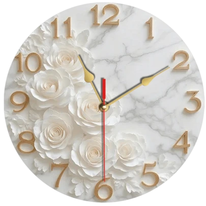 Đồng hồ treo tường nghệ thuật hoa hồng trắng và vân đá cẩm thạch - Đồng hồ tròn bằng acrylic chạy bằng pin, không gây tiếng ồn, thích hợp trang trí phòng khách, phòng ngủ, văn phòng - Kim vàng, vân đá cẩm thạch, không bao gồm pin AA, đồ trang trí tường, đồng hồ thanh lịch.