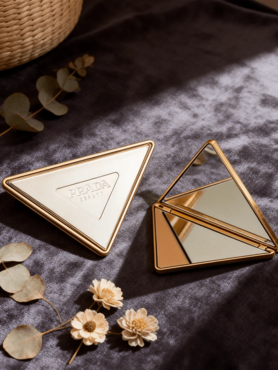 Prada Espejo de metal plateado, diseño triangular, de doble cara, giratorio, espejo de viaje, espejo de bolso - Plateado - Ver 1
