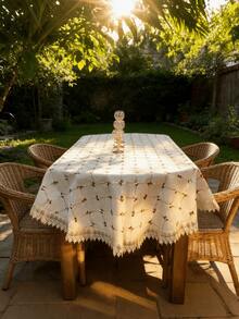 HXARTMIS 1PC Gray Linen Tablecloth With Brown Embroidered Small Flowers, Oval Large Tablecloth With Elegant Exquisite Lace Edge. Tablecloth, Birthday Tablecloth, White Tablecloth, Baptism Tablecloth, Pink Tablecloth, Stain-Resistant Tablecloth, Furniture Doilies, Living Room Rug, Plastic Kitchen Tablecloth, Round Tablecloth - Gray Hemp + Coffee - View 3