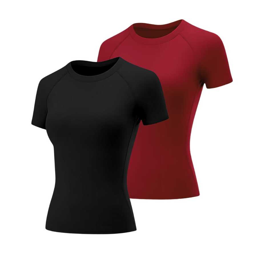 Kit Of 2 Women's Dry Fit T-Shirts For Gym, Workout, And Fitness - Fiery Red - 查看 1