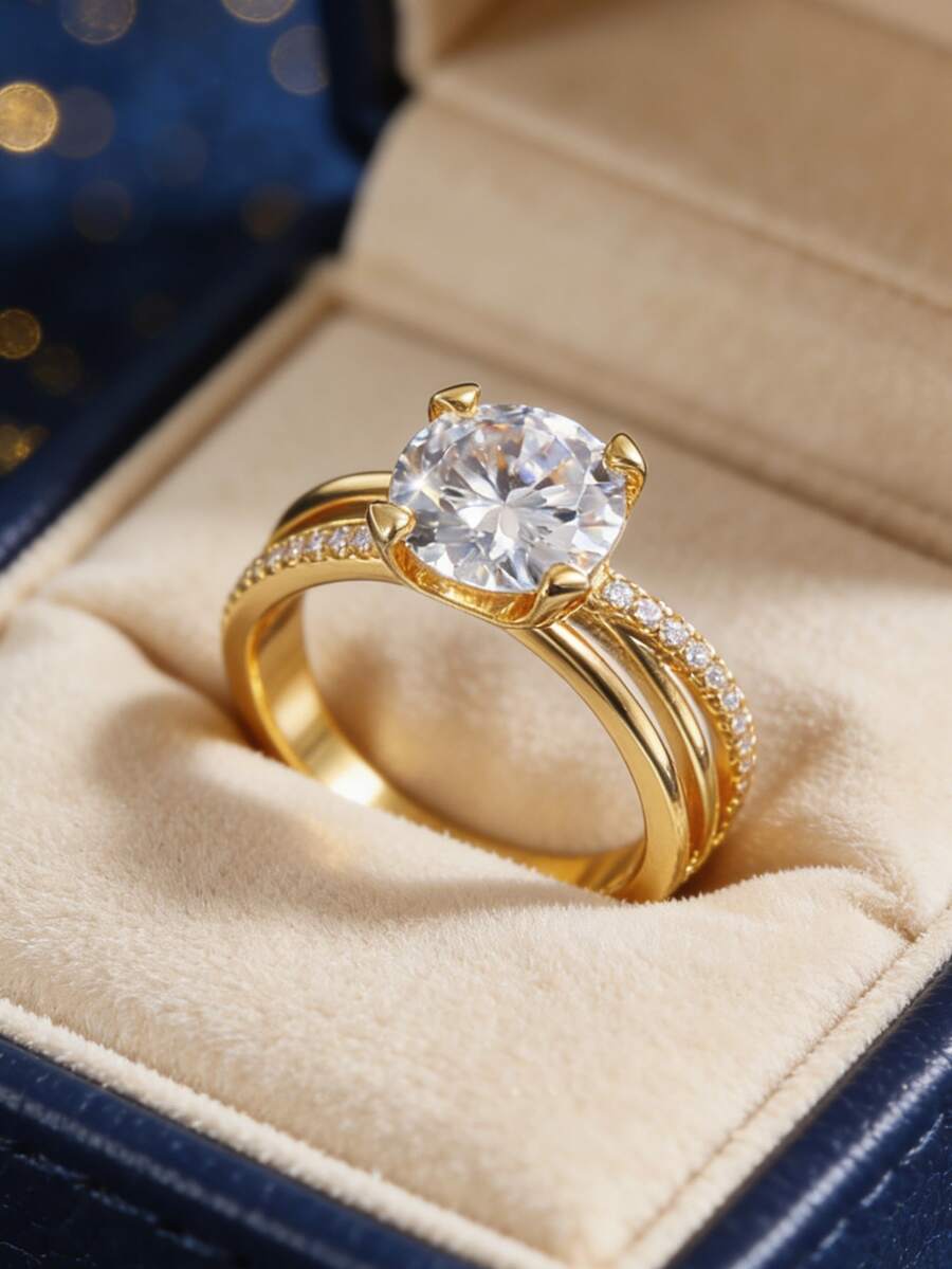 Women's Gold-Plated Cubic Zirconia Ring, Minimalist Round Center Stone Double-Layer Twisted Band, Versatile & Elegant For Daily Wear, Commute Or Casual, Great Birthday Gift For Fashionista - Gold - View 1